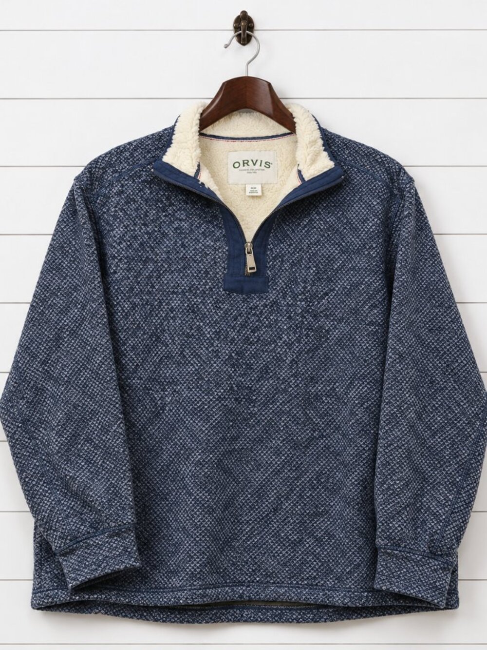 Orvis Classic Collection Sherpa Lined Quarter Zip Sweater Pullover Navy Blue Men